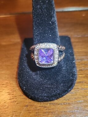 NWOT Amethyst Colored Stone Silver Antique Finished Halo Ring W/ Cubic Zirconia
